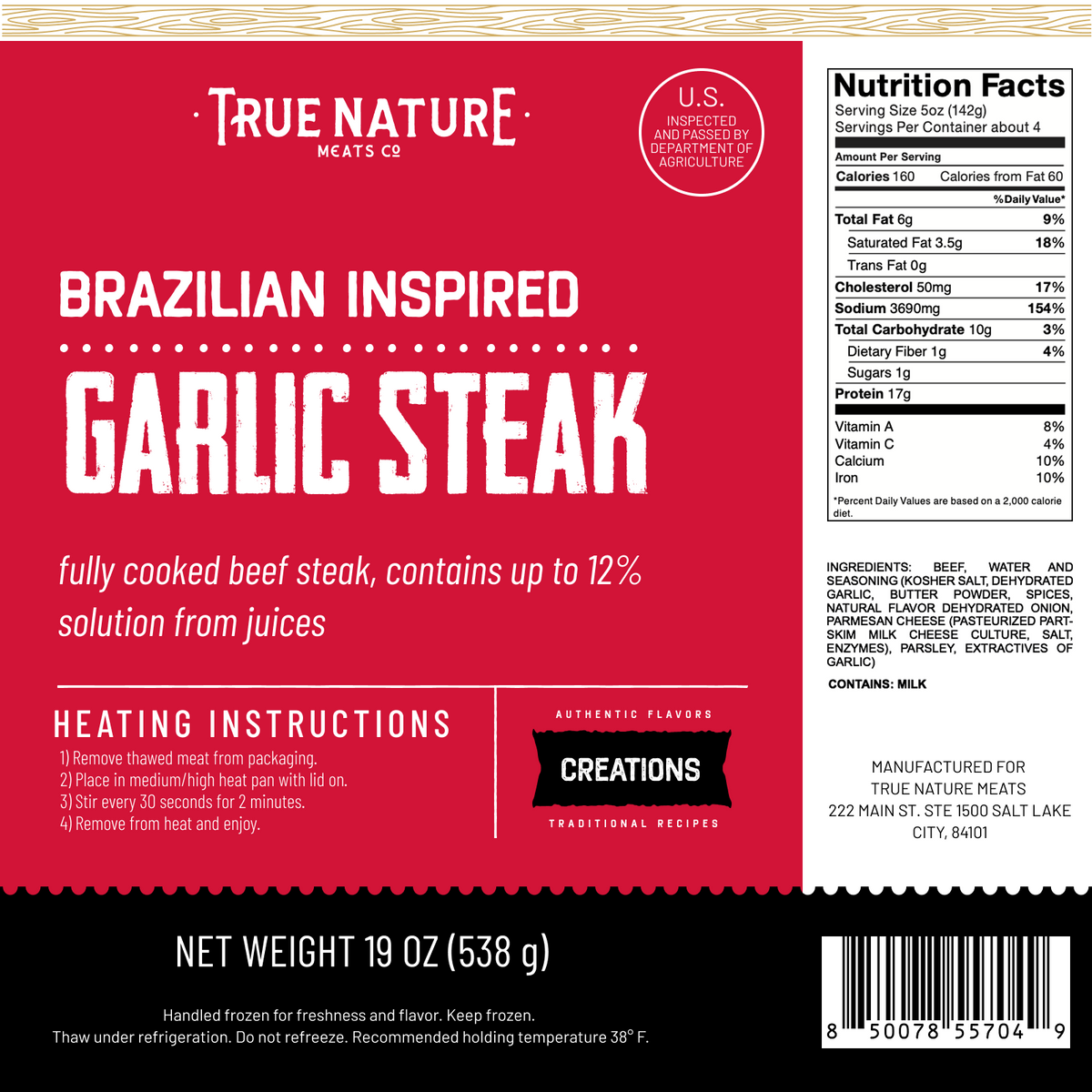 Brazilian Garlic Steak product label