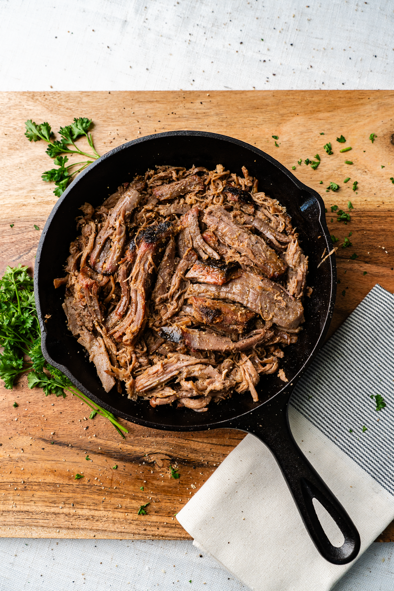 KC Shredded Brisket in a cast-iron skillet