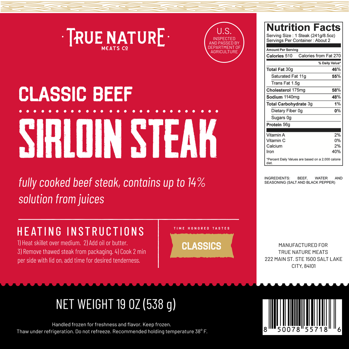 Classic Sirloin Steak product label