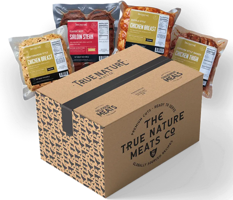 True Nature Meats Balanced Favorites box with packaged chicken and steak