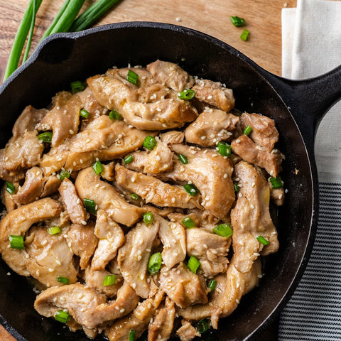Cooked Japanese Teriyaki Chicken served in a cast-iron skillet