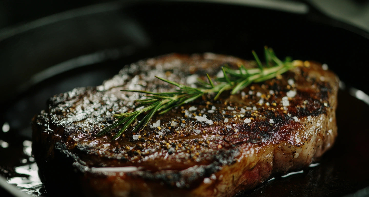Steak sizzling in cast iron skillet