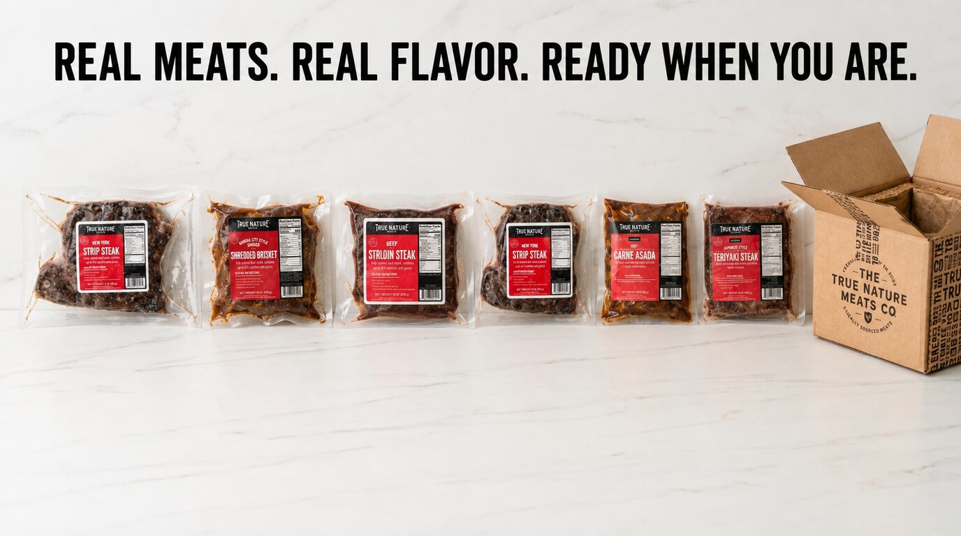 Real Meats. Real Flavor. Ready When You Are. True Nature Meats New York Strip Steak, KC Shredded Brisket, Classic Sirloin Steak, Beef Carne Asada, and Japanese Teriyaki Steak with an insulated delivery box.