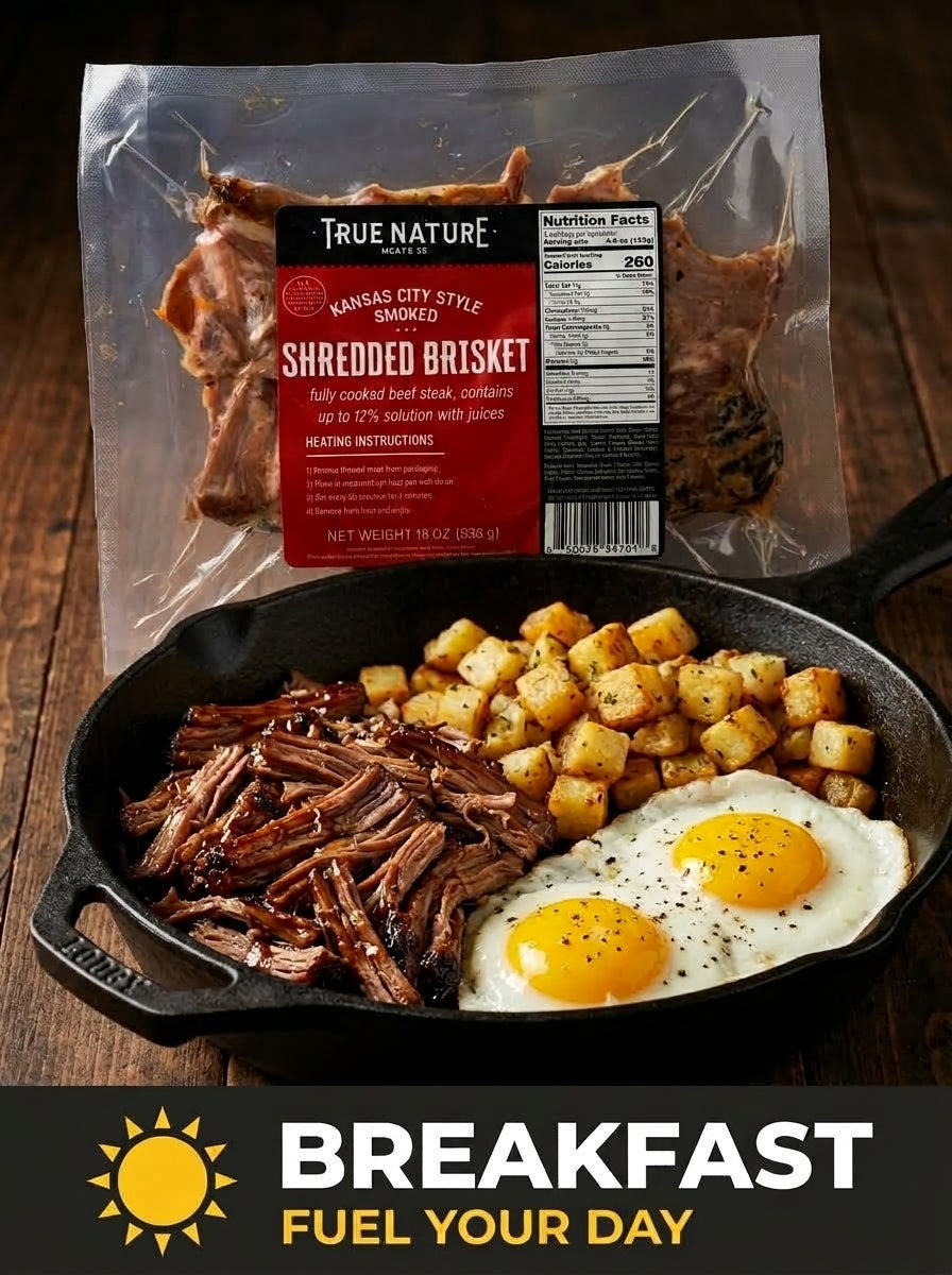 Breakfast - Fuel Your Day - True Nature Meats Shredded Brisket with Farm Fresh Eggs & Crispy Roasted Potatoes
