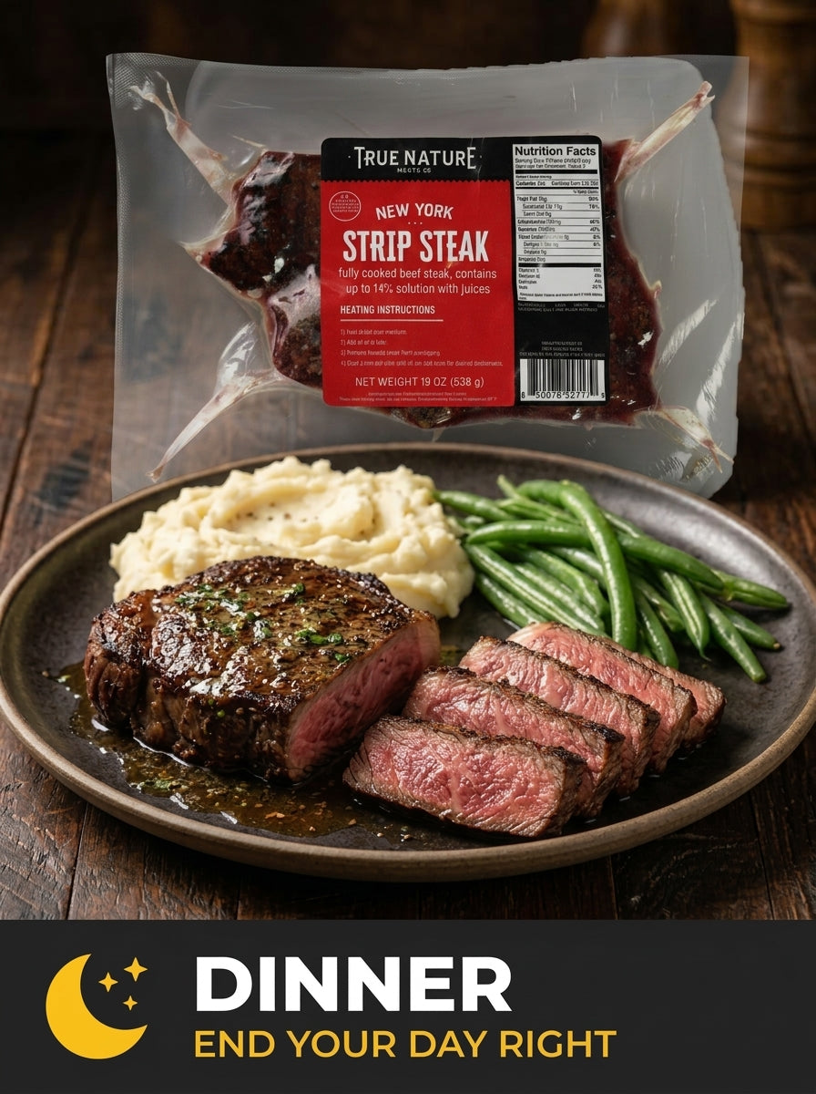 Dinner - End Your Day Right - True Nature Meats Sliced Ribeye Steak with Creamy Mac & Cheese and Fresh Green Beans