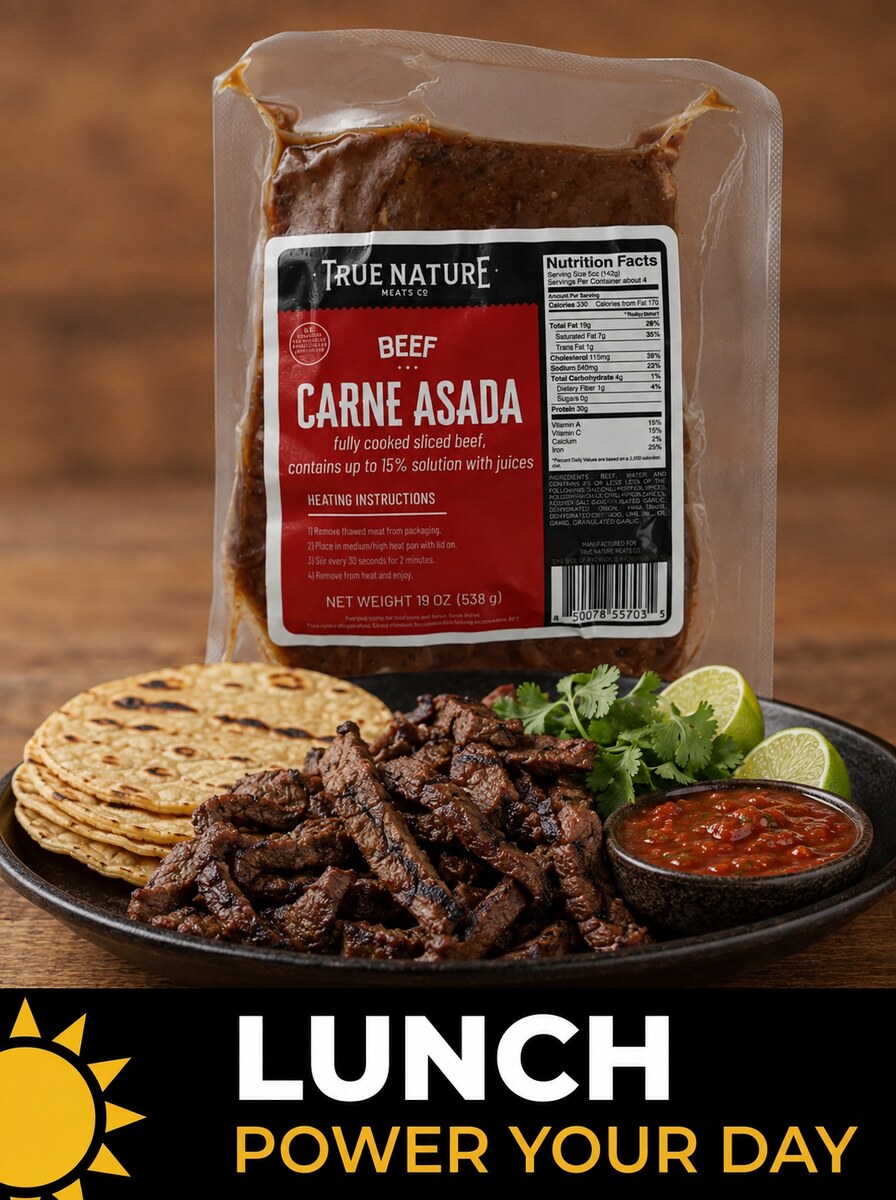 Lunch - Power Your Day - True Nature Meats Beef Carne Asada with warm tortillas, lime, cilantro, and salsa