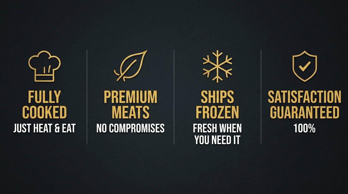 Fully Cooked Just Heat & Eat, Premium Meats No Compromises, Ships Frozen Fresh When You Need It, Satisfaction Guaranteed 100%