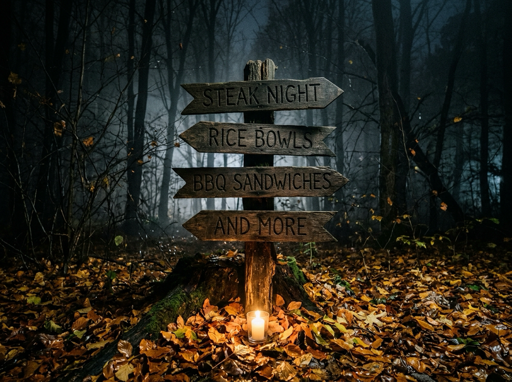 Wooden arrow signpost: Steak Night, Rice Bowls, BBQ Sandwiches, And More