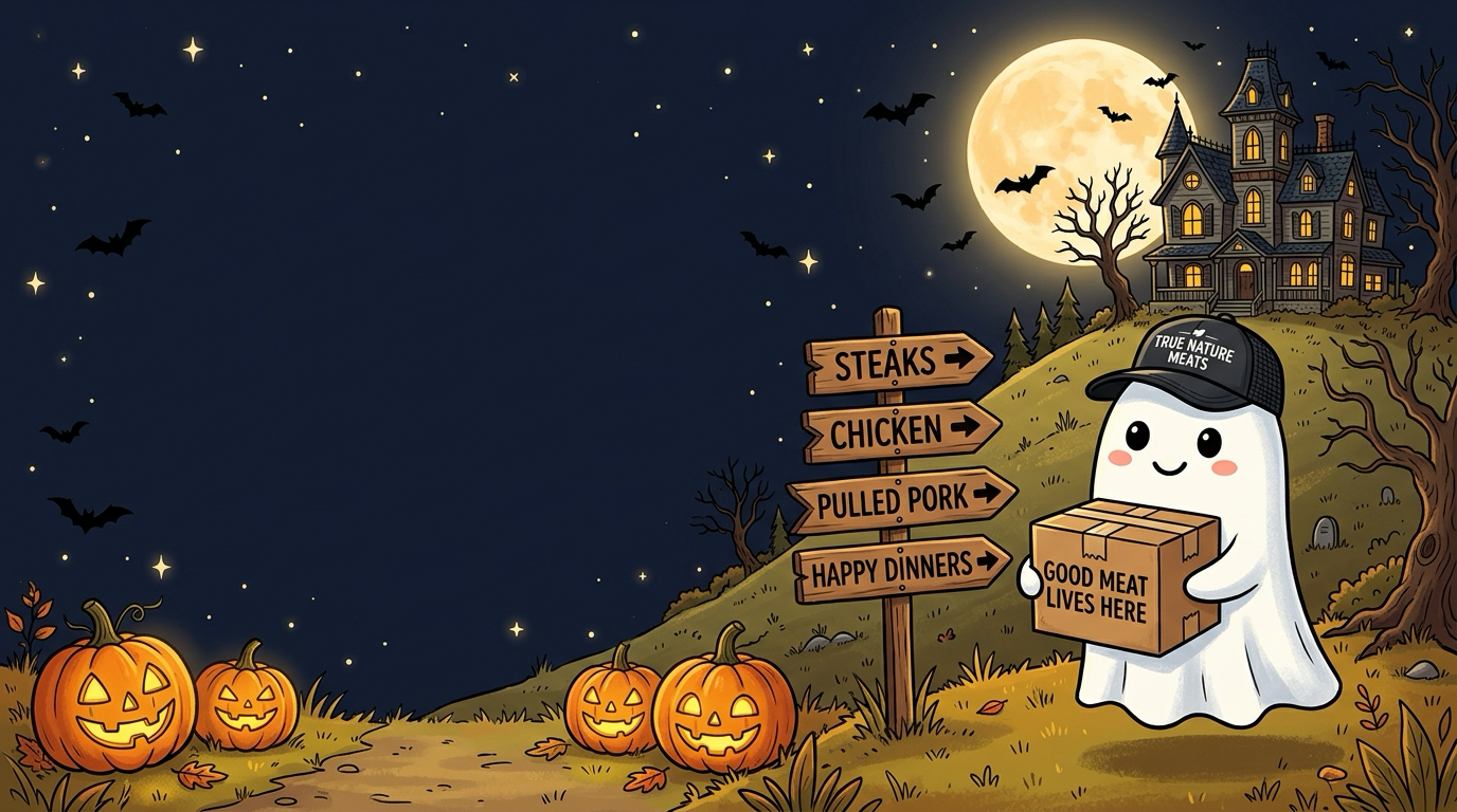 A friendly sheet ghost with True Nature Meats cap holding a delivery box at Halloween