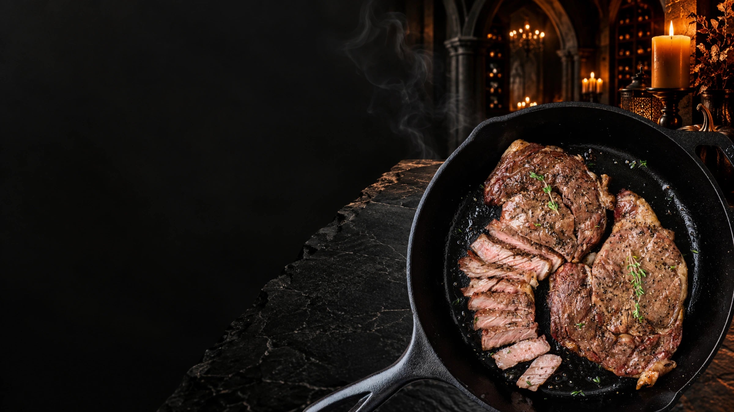 Cooked ribeye steaks in a cast-iron skillet at a candlelit autumn dinner